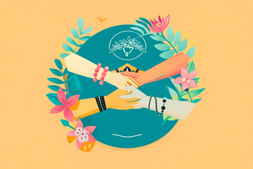 
friendship day theme international themed powerpoint presentation template, flat design with simple shapes and minimalism, hands held together in the style of necklace, text says "international"