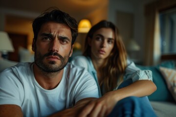 Obraz premium A couple sits closely together in a warmly lit living room, both looking focused and pensive, suggestive of deep thought or an important conversation taking place.