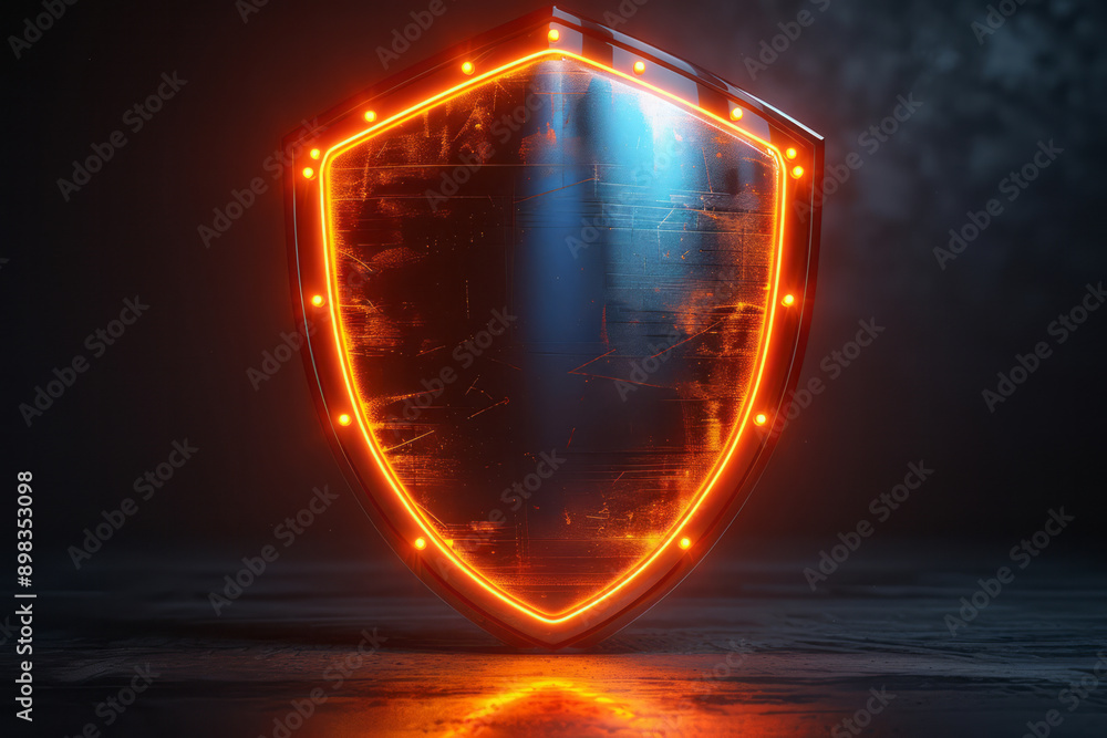 Poster futuristic security shield featuring a dynamic neon gradient transitioning from blue to gold,