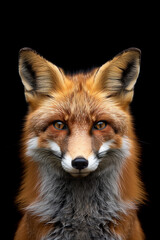 Fototapeta premium Dignified fox frontal face portrait, Geographic style, black background, HD
