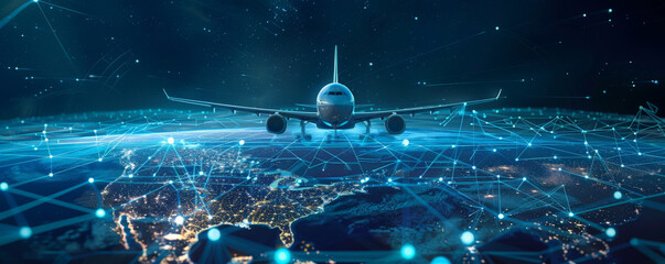 A digital representation of an airplane traversing a networked planet, embodying global aviation and technological innovations.