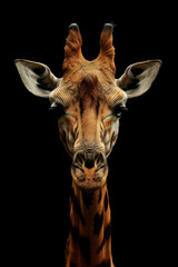 Fototapeta premium Dignified giraffe frontal face portrait, Geographic style, black background, HD