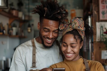 Obraz premium A smiling couple in a home kitchen looks at a phone together, sharing a moment of happiness and joy as they connect and enjoy each other's company in a cozy environment.