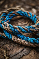 Obraz premium Detailed view of intertwined blue and brown ropes on a wooden surface