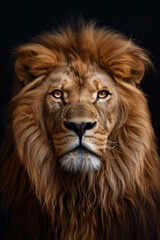 Fototapeta premium Elegant lion frontal face portrait, Geographic style, black background, HD