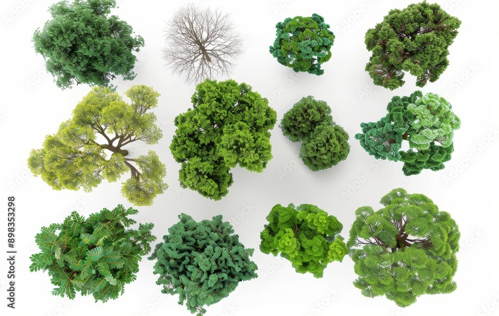 Poster a 3d rendering of big green trees in top view with transparent backgrounds