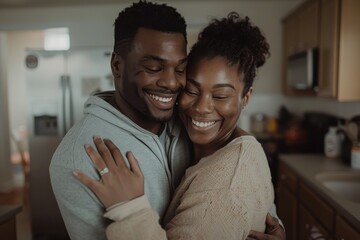 Obraz premium Couple with matching beautiful smiles, sharing a close and affectionate embrace in a modern kitchen; their happiness and bond are depicted in this reassuring moment.