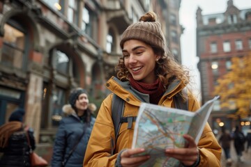 A young traveler holding a map beams with joy as she navigates her way through a cityscape in the fall, embodying youthful adventure and curiosity on a crisp day.