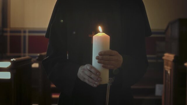 Cropped tracking shot of unrecognizable nun holding burning candle while serving in Catholic church