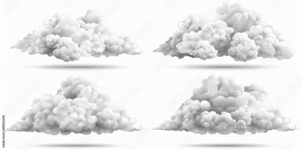 Poster detailed 3d rendering of cumulus fluffy cloudscape in free shapes on transparent backgrounds in png 