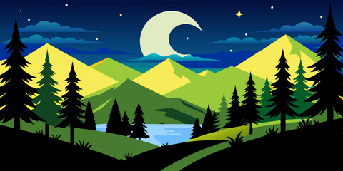 Nature's Nocturnal Beauty: Forest Night Scene Illustration.