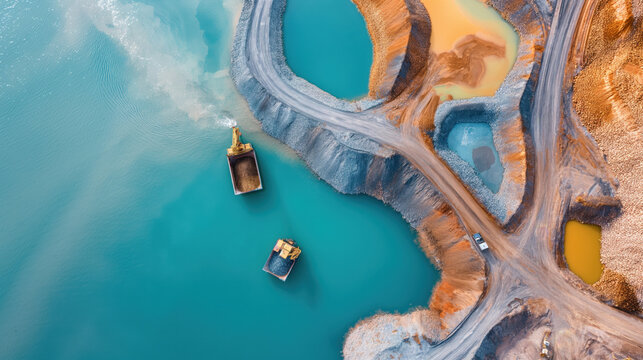 Aerial view of a mining operation with excavators and dump trucks near blue water pits