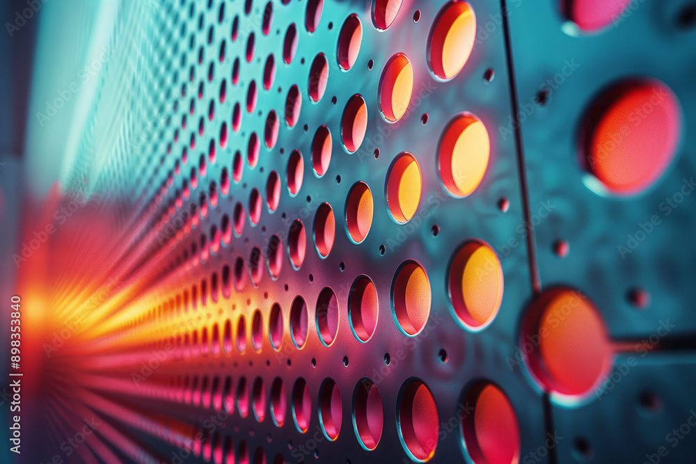 Poster sleek image of a perforated pattern with luminous gradient colors in varying shades of red and teal,
