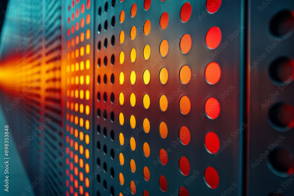 Poster sleek image of a perforated pattern with luminous gradient colors in varying shades of red and teal,