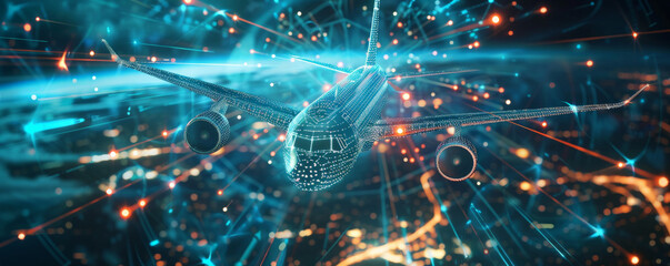 Fototapeta premium A high-tech aircraft navigating a digital global network, illustrating international aviation and state-of-the-art technology.