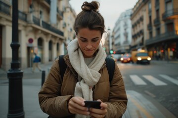 Obraz premium A woman, dressed warmly, checks her phone while navigating a city street at dusk. The urban setting is captured with warm street lights and a backdrop of buildings.