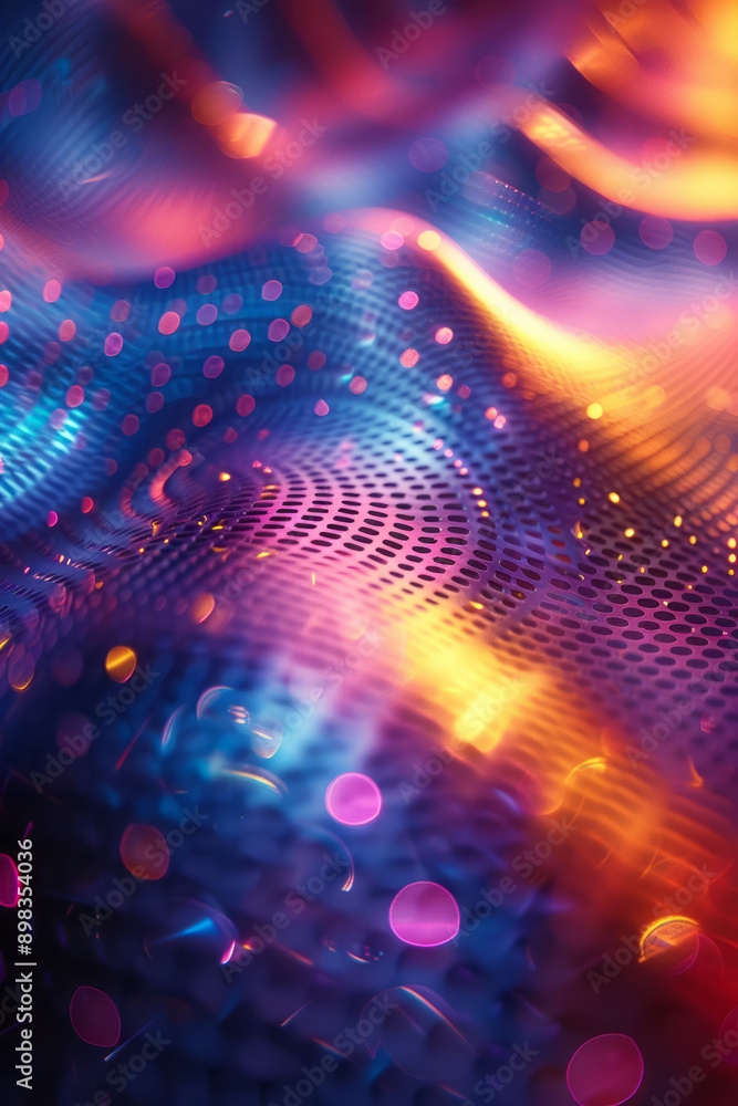 Poster abstract design featuring a perforated pattern with a radiant gradient of teal and violet,