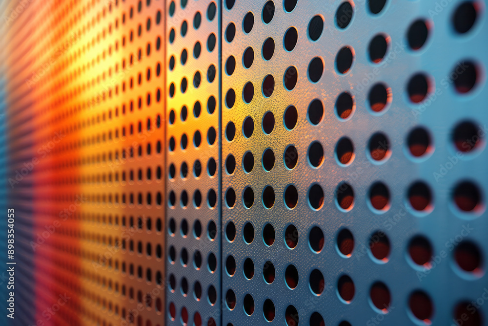Poster modern perforated pattern with vibrant gradient colors transitioning from orange to blue,