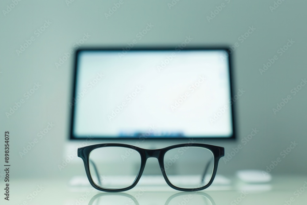 Fototapete black eyeglasses sit on a white desk in front of a blurred computer monitor. generative ai