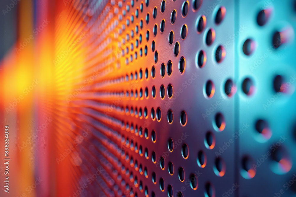 Poster modern perforated pattern with vibrant gradient colors transitioning from orange to blue,
