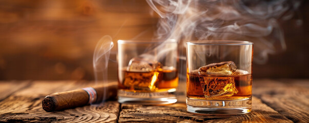 Two glasses of bourbon and a cigar on a wooden table. Concept Bourbon, Cigar, Wooden Table, Relaxation, Enjoying Life.