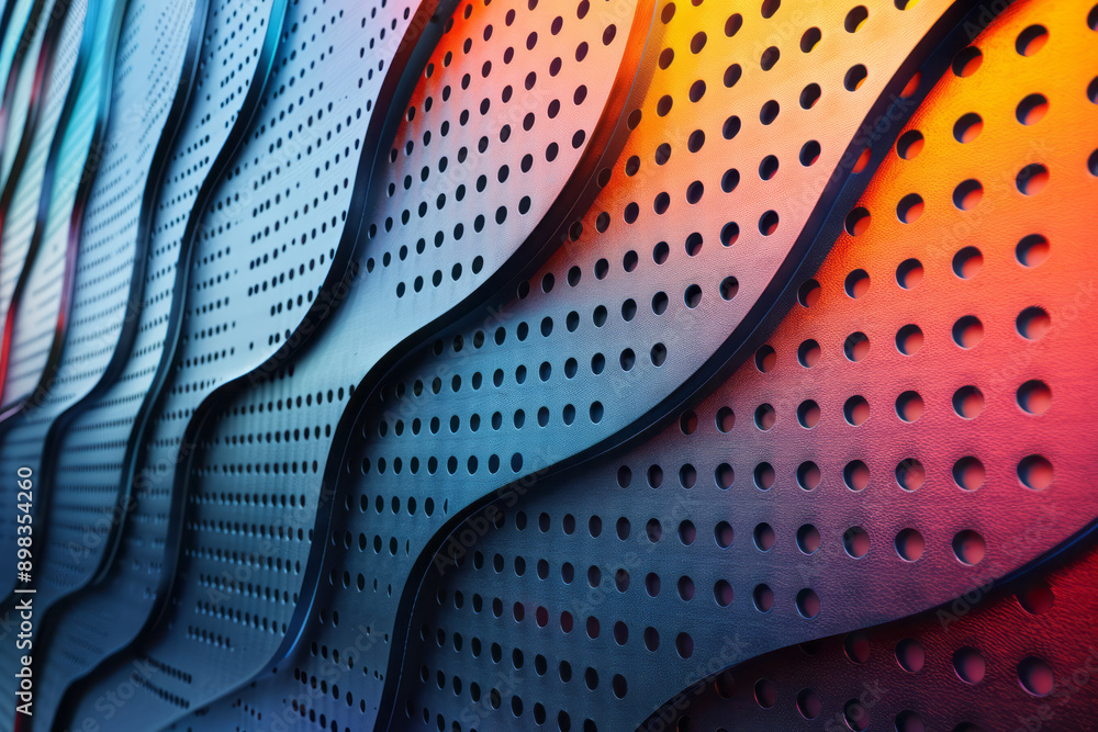 Poster modern perforated pattern with vibrant gradient colors transitioning from orange to blue,
