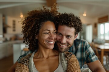 Obraz premium A cheerful couple is embracing and smiling happily in a warmly lit indoor space, representing a moment of joy, affection, and strong connection in a cozy environment.