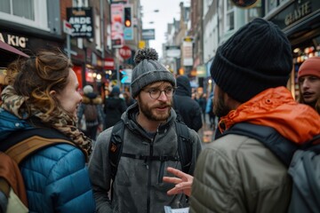 A group of friends are engaged in a lively conversation on a busy city street, surrounded by shops and pedestrians, capturing the essence of urban social life.