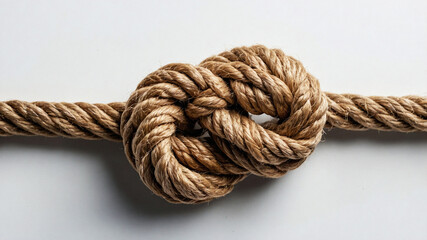 Close-up of intertwined brown ropes in a knot on a white surface

