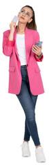 Online shopping concept, full body view brunette woman wear formal pink jacket and jeans holding credit card and smartphone looking aside thinking about online shopping concept. Copy space.
