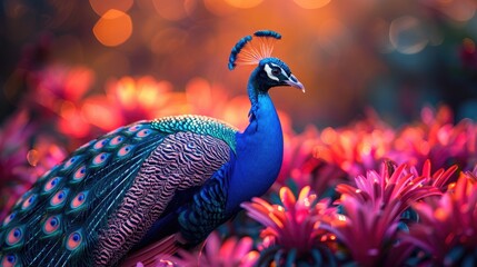 Whimsical Peacock with Holographic Feathers Strutting in a Surreal Garden