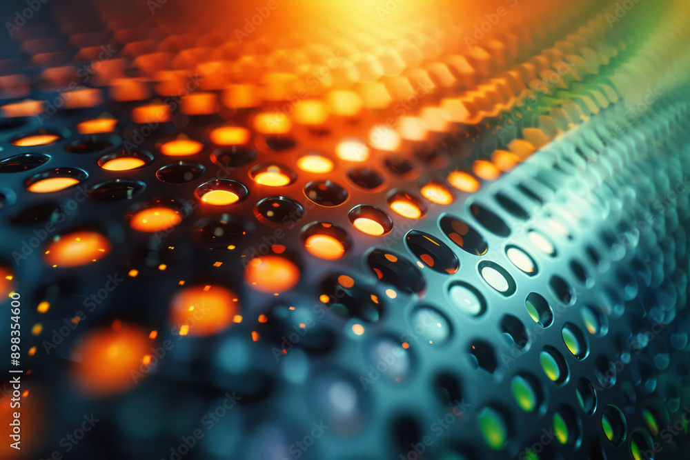 Poster futuristic design showcasing a perforated pattern with dynamic gradient colors in shades of green an