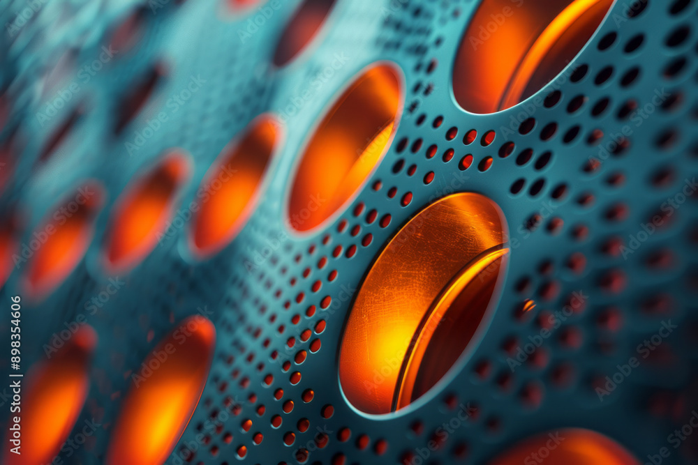 Poster futuristic design showcasing a perforated pattern with dynamic gradient colors in shades of green an