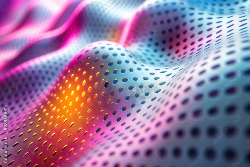 Poster clean depiction of a perforated pattern with a vibrant gradient blend from pink to teal,