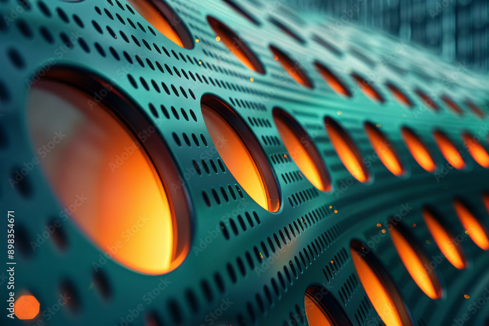 Poster futuristic design showcasing a perforated pattern with dynamic gradient colors in shades of green an