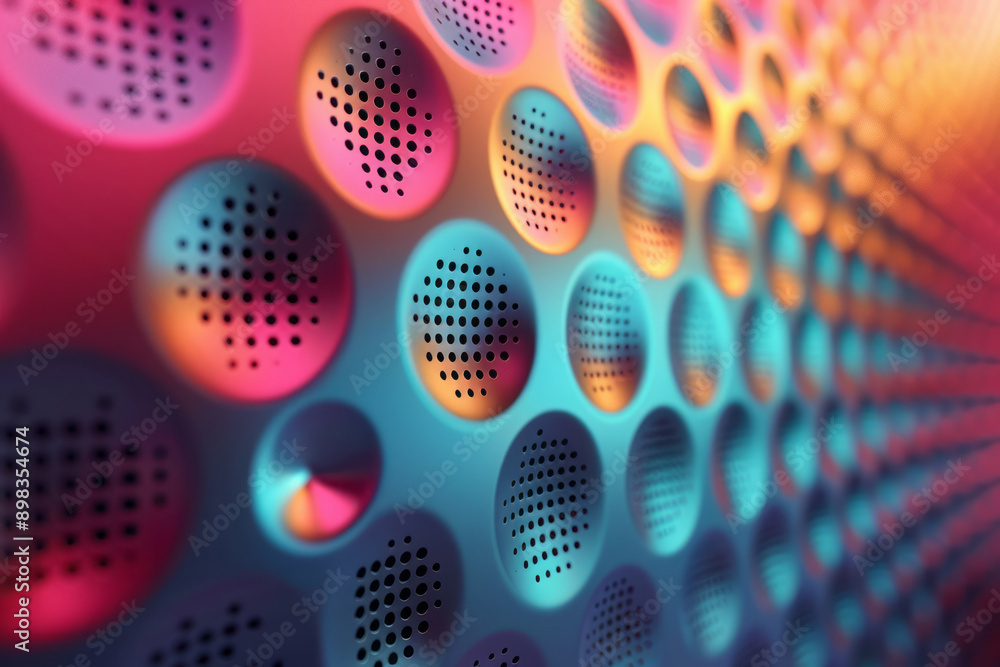 Poster clean depiction of a perforated pattern with a vibrant gradient blend from pink to teal,