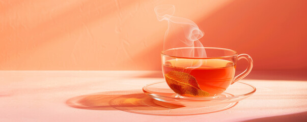 Mockup. Hot tea on a soft peach background, creating a warm and friendly atmosphere for your design.