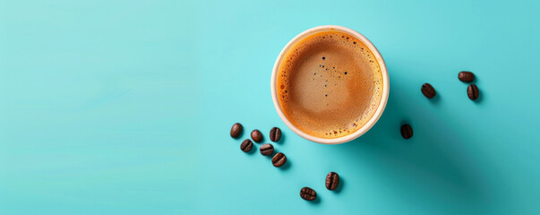 Mockup. Hot coffee on a light cyan background, providing a bright and refreshing look with space for text or graphics.