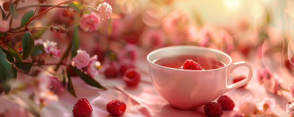 Mockup. Hot raspberry tea on a soft peach background, creating a warm and friendly atmosphere for your design.