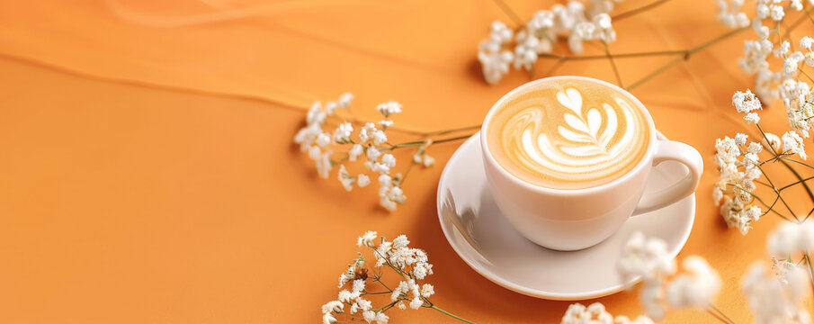 Mockup. Hot vanilla latte on a light marigold background, creating a warm and cheerful atmosphere for your design.