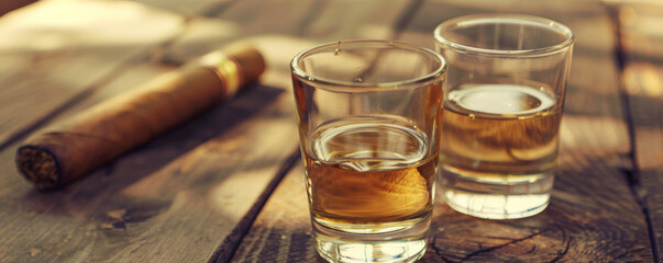 Two glasses of tequila and a cigar on a wooden table. Concept Tequila, Cigar, Wooden Table, Relaxation, Enjoying Life.