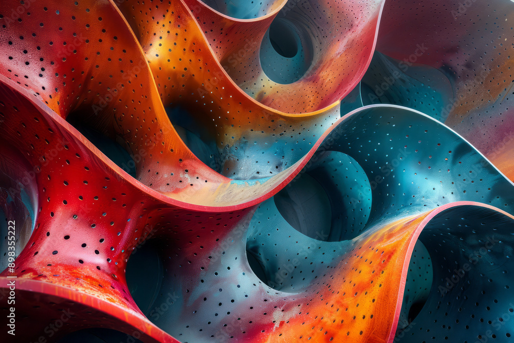 Poster sleek image of twisted perforated tubes with luminous gradient colors in varying shades of red and t