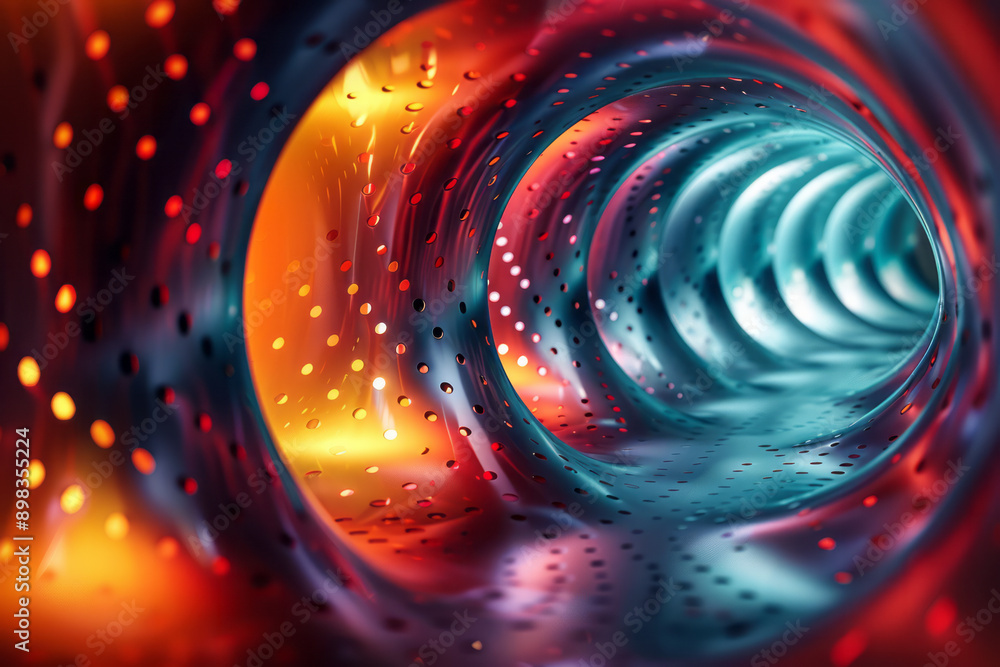 Poster sleek image of twisted perforated tubes with luminous gradient colors in varying shades of red and t