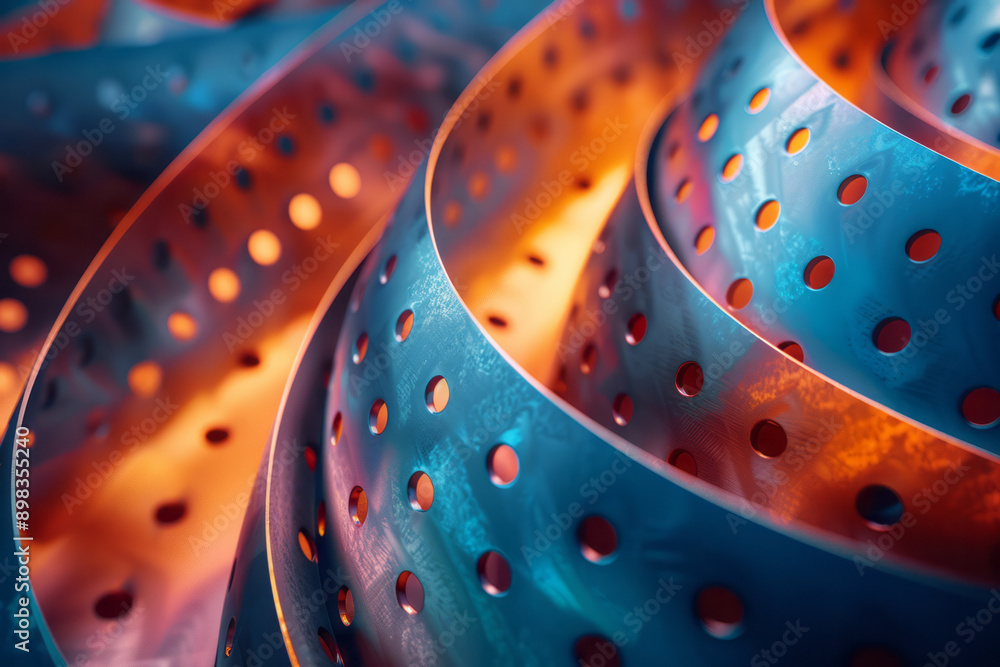 Poster sleek image of twisted perforated tubes with luminous gradient colors in varying shades of red and t