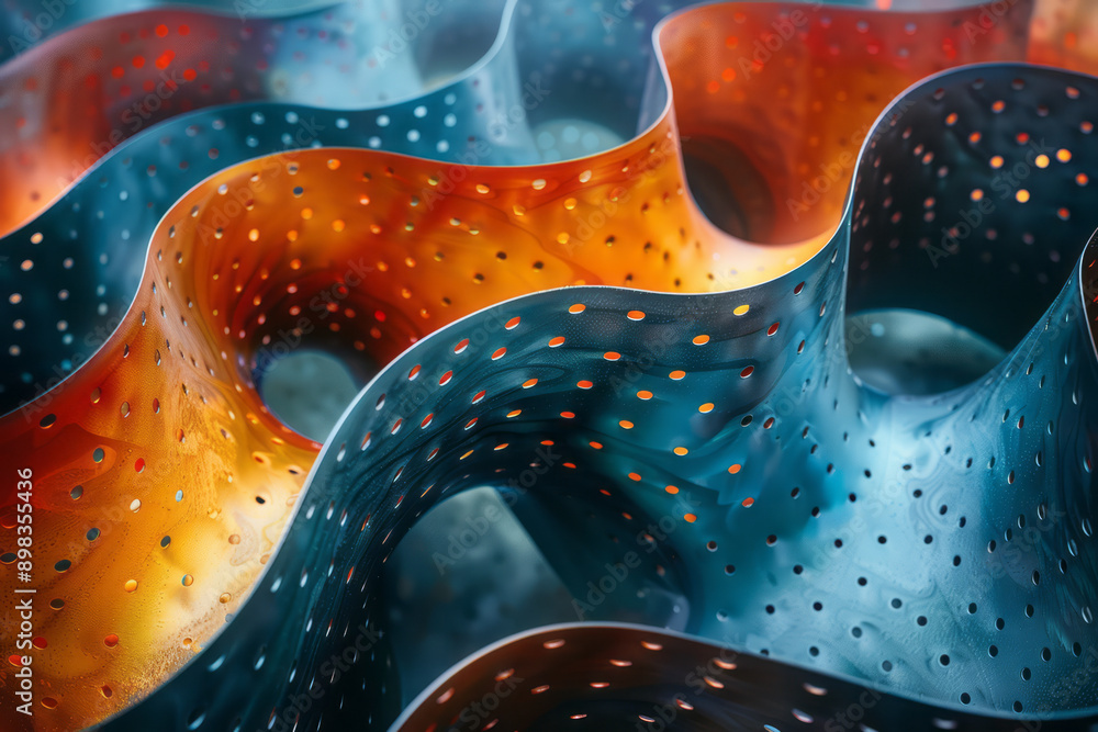 Poster sleek representation of twisted perforated tubes with vibrant gradient colors blending hues of teal 