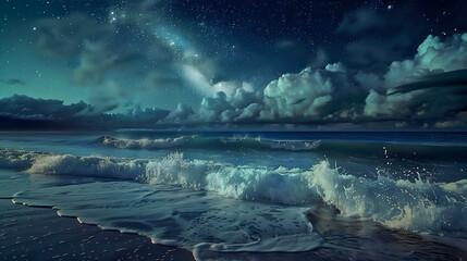 Sea at Night with Rocks: Serene Nighttime Seascape Featuring Coastal Rock Formations