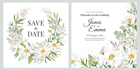Wedding invitation cards. Frame with text, flowers and grass isolated on the white background. Colorful hand drawn bouquet with wildflowers.  © Yulia Ogneva