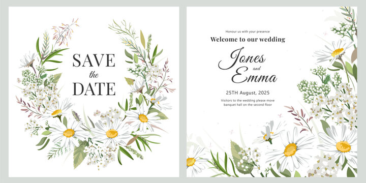 Wedding invitation cards. Frame with text, flowers and grass isolated on the white background. Colorful hand drawn bouquet with wildflowers.
