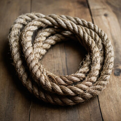 Obraz premium Intertwined beige ropes on a wooden surface with a blurred background