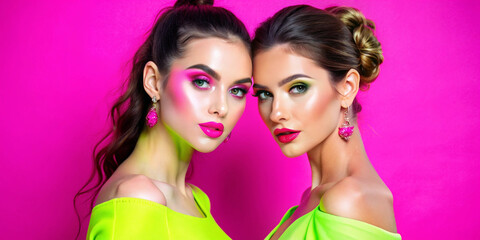 Obraz premium Two beautiful women with flawless skin pose together against a blue background. They wear elegant white outfits and striking earrings, showcasing their stunning features and sophisticated style
